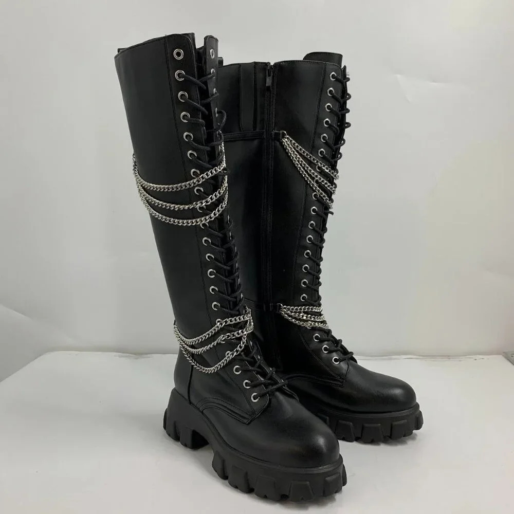 Hot Topic Women’s Black‎ Chains Platform Side Zip Knee-High Boots Size 10 NWOB - Picture 2 of 16